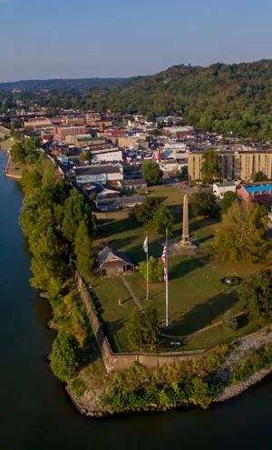 Aerial view of the point where the Kanawha meets the Ohio, near Krodel Park